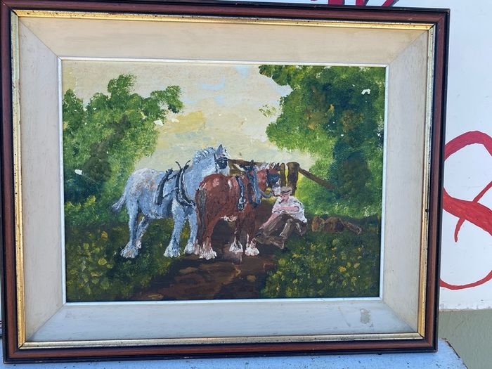 Oil on board rural scene of a farmer with 2  shire horses signed   Helen Carthy