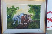 Oil on board rural scene of a farmer with 2  shire horses signed   Helen Carthy