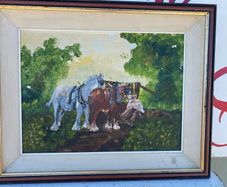 Oil on board rural scene of a farmer with 2  shire horses signed   Helen Carthy