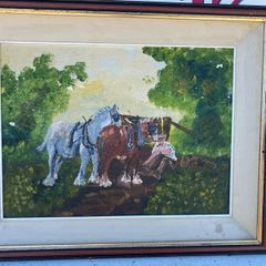 Oil on board rural scene of a farmer with 2  shire horses signed   Helen Carthy