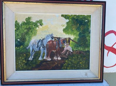 Oil on board rural scene of a farmer with 2  shire horses signed   Helen Carthy