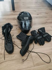 Motorbike helmet, boots, gloves