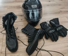 Motorbike helmet, boots, gloves