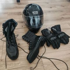 Motorbike helmet, boots, gloves