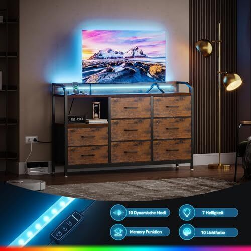 Chest of Drawers with Drawers, Drawer Cabinet with LED Light Strips with 10 Adjustable Colours and 2 USB and 2 AC