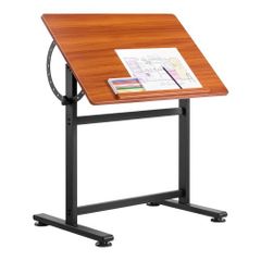 Drafting Table, Adjustable 0-90 Tilt Drawing Desk, Portable Artist Table with Black H-Frame and Brown Desktop