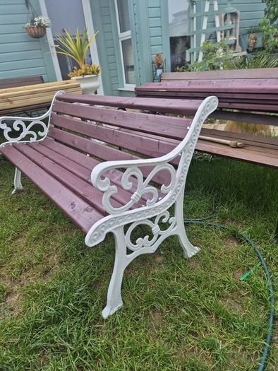 Garden Bench Cast iron fully restored seat outside outdoor garden sitting treated timber decorations, furniture patio  decking, home house cottage ignore flowers pots plants, garden statue chair  swing patio heater bbq hammock sun  farm shop gift