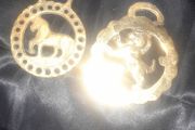 2 Old Brass Horse Tackle Emblems and an Old Hand Carved Man
