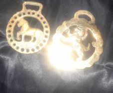2 Old Brass Horse Tackle Emblems and an Old Hand Carved Man