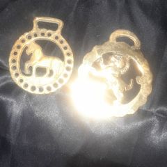 2 Old Brass Horse Tackle Emblems and an Old Hand Carved Man