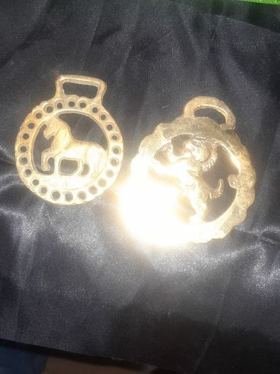 2 Old Brass Horse Tackle Emblems and an Old Hand Carved Man
