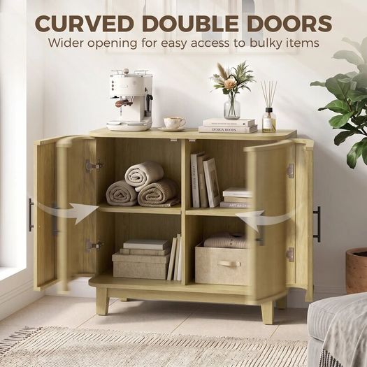 80cm Sideboard Buffet Cabinet, Storage Cabinet with 2 Curved Doors, Adjustable Shelf and Legs for Dining Room, Oak