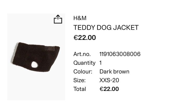 H&M Brown Teddy Dog Jacket XXS / Smallest Size