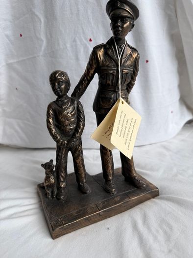 Signed Jeanne Rynhart Bronze Statue - Male Garda and Boy With Tag