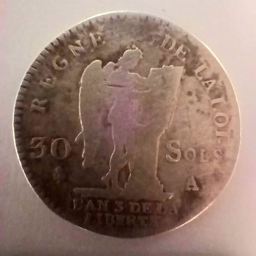 Louis XVI, 30 Sols, Silver Coin, French Revolution. Paris.