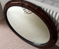 Antique Oval Mahogany Wall Mirror with Inlay & Bevelled Glass