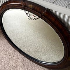 Antique Oval Mahogany Wall Mirror with Inlay & Bevelled Glass