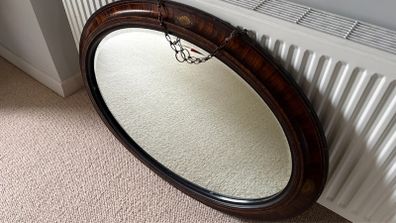 Antique Oval Mahogany Wall Mirror with Inlay & Bevelled Glass