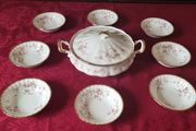 9 Piece Royal Albert Victoriana Rose Bone China Gold Gilt Lidded Tureen And Soup Bowls Set Made In England