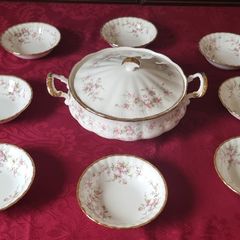 9 Piece Royal Albert Victoriana Rose Bone China Gold Gilt Lidded Tureen And Soup Bowls Set Made In England