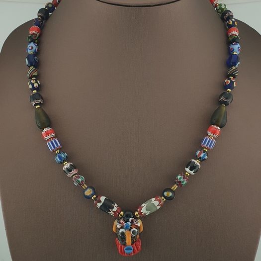 Antique Venetian Style Mix Glass & Old Face Glass Pendant Necklace