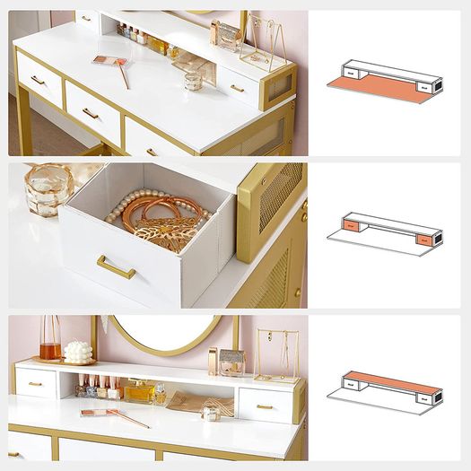 _Dressing table, dressing table with stool, cosmetic table with oval mirror and open compartment, drawers, modern, for bedrooms, dressing rooms, white and gold-colored