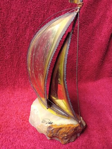 Vintage 1970's Sculpture Brass /  Metal Sailboat On Onyx Stone Base -Signed DeMott