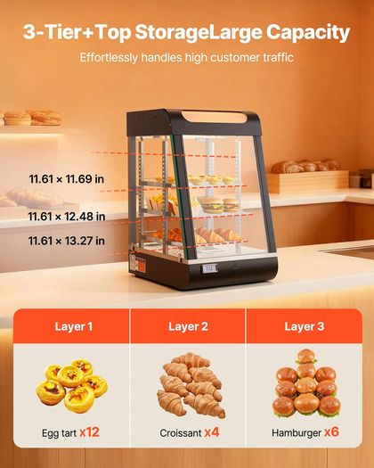 3 Tier Commercial Food Warmer Display, 800W Food Display Warmer with LED Light, Top Storage and Adjustable Shelves