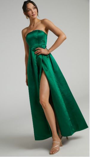 Showpo Queen Of The Night Strapless Maxi Dress In Emerald Satin Uk6 Xs Debs-wedding-formal Dress New