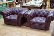 Pair of Plum Leather Chesterfield Armchairs