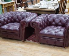 Pair of Plum Leather Chesterfield Armchairs