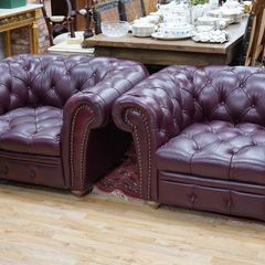 Pair of Plum Leather Chesterfield Armchairs