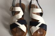 Lotus Ladies Strappy White and Navy Flat Sandals size 5