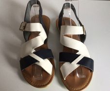 Lotus Ladies Strappy White and Navy Flat Sandals size 5