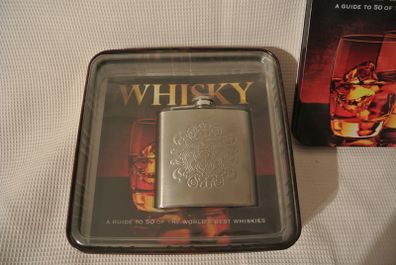 Whisky - Stainless Steel 6 Oz Flask & An Amazing Guide To 50 Of The World's Best Whiskies - 64 Page Book  - New - Never Used. In a Presentation Metal Box.