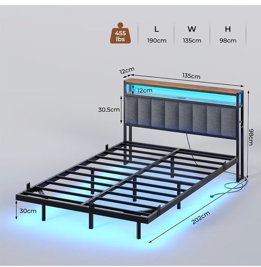 Double Bed Frame 135x190 cm with Floating Visual Effect, 4ft6 Metal Bed Frame with Adjustable LED Lighting and Charging Station, Double Bed with Headboard, Dark Grey (Mattress Not Included)