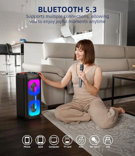 Machine for Adults with 2 Wireless Microphones, Portable Bluetooth Speaker PA System with Dicso Lights for Big Pary, Stage Subwoofers, Outdoor, for Family, Music Lover