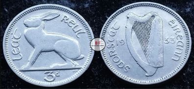 [#2234] - Ireland 1933 | Irish 3d | 3 Pence | Hare | KM.4