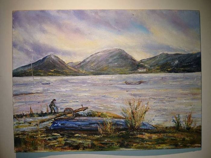 oil on board Rugged coastal or lakeside landscape scene with fisherman unsigned