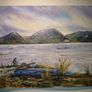 oil on board Rugged coastal or lakeside landscape scene with fisherman unsigned Image 2