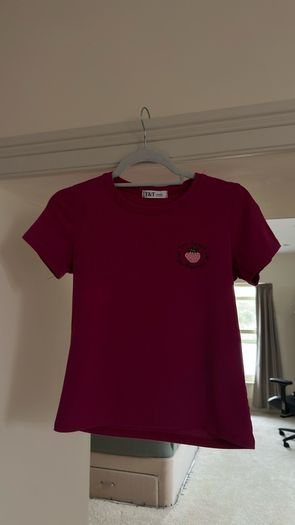 T&T Berry Red T-Shirt with Strawberry Embroidery - Cute Top