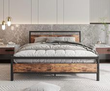 King Size Bed Frame with Wooden Headboard,Metal Platform