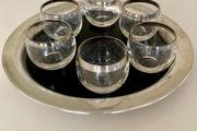 Set of six mid-century roly poly cocktail/punch glasses and tray