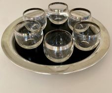 Set of six mid-century roly poly cocktail/punch glasses and tray