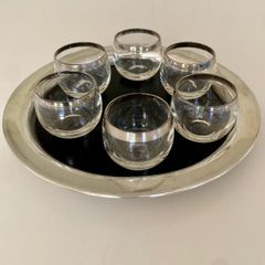 Set of six mid-century roly poly cocktail/punch glasses and tray