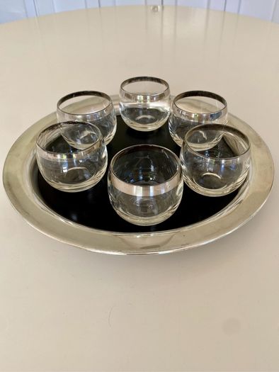 Set of six mid-century roly poly cocktail/punch glasses and tray
