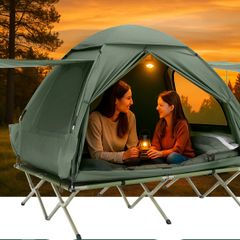 2 Persons Pop-Up Tent  Camp Bed  With Camping Lounger  Green