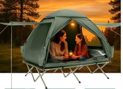2 Persons Pop-Up Tent  Camp Bed  With Camping Lounger  Green