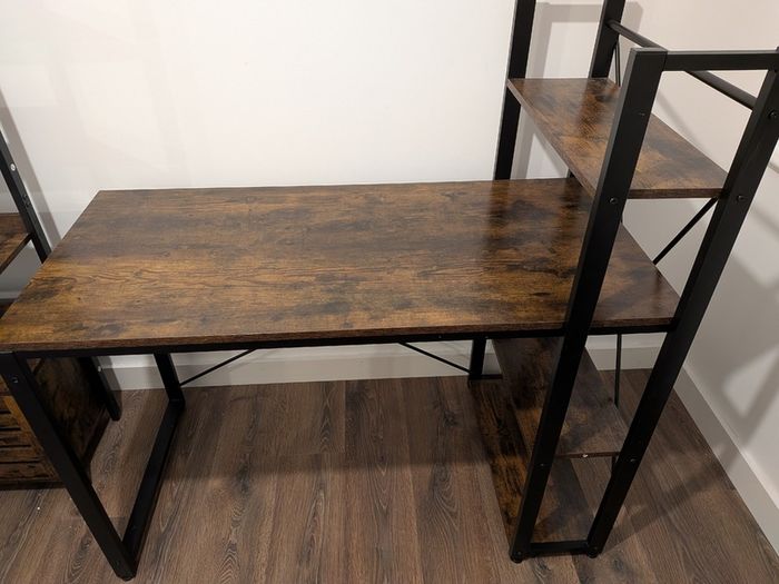 Industrial style desk with integrated shelving