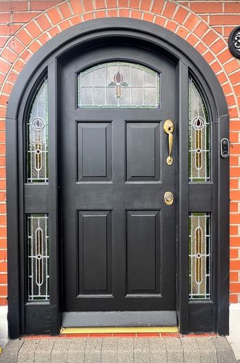 Bespoke Solid Timber Arched Front Door & Frame Hand Leaded Stained Glass